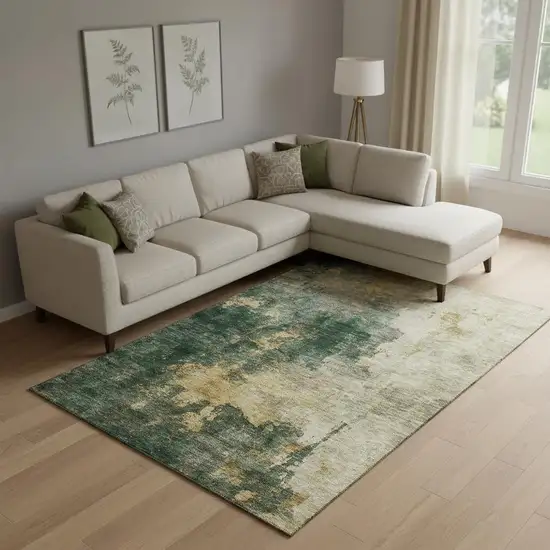 Fern Green Gold And Silver Abstract Washable Area Rug With UV Protection Photo 2