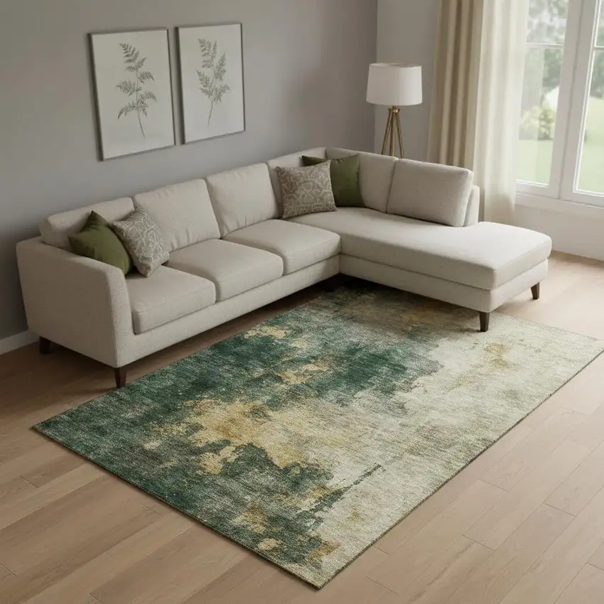Fern Green Gold And Silver Abstract Washable Area Rug With UV Protection Photo 2