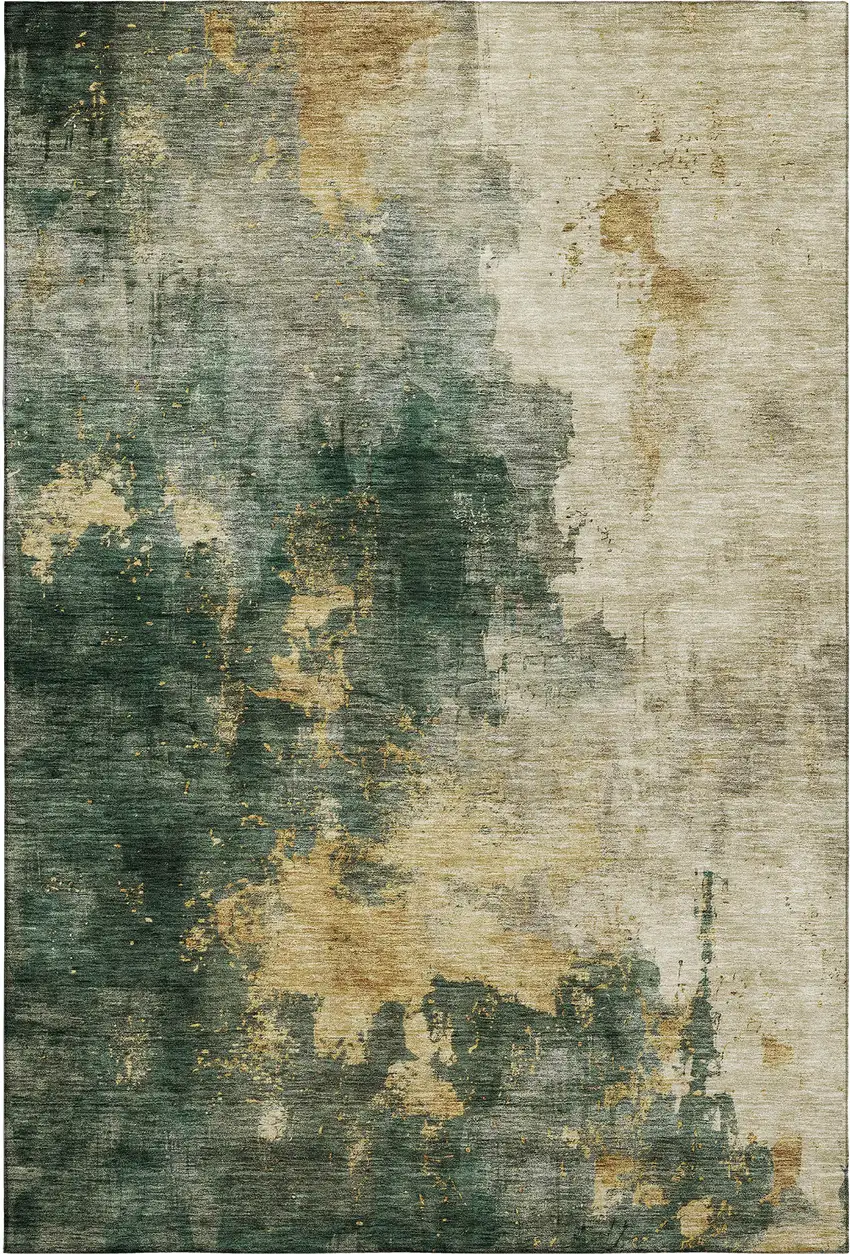 Fern Green Gold And Silver Abstract Washable Area Rug With UV Protection Photo 1