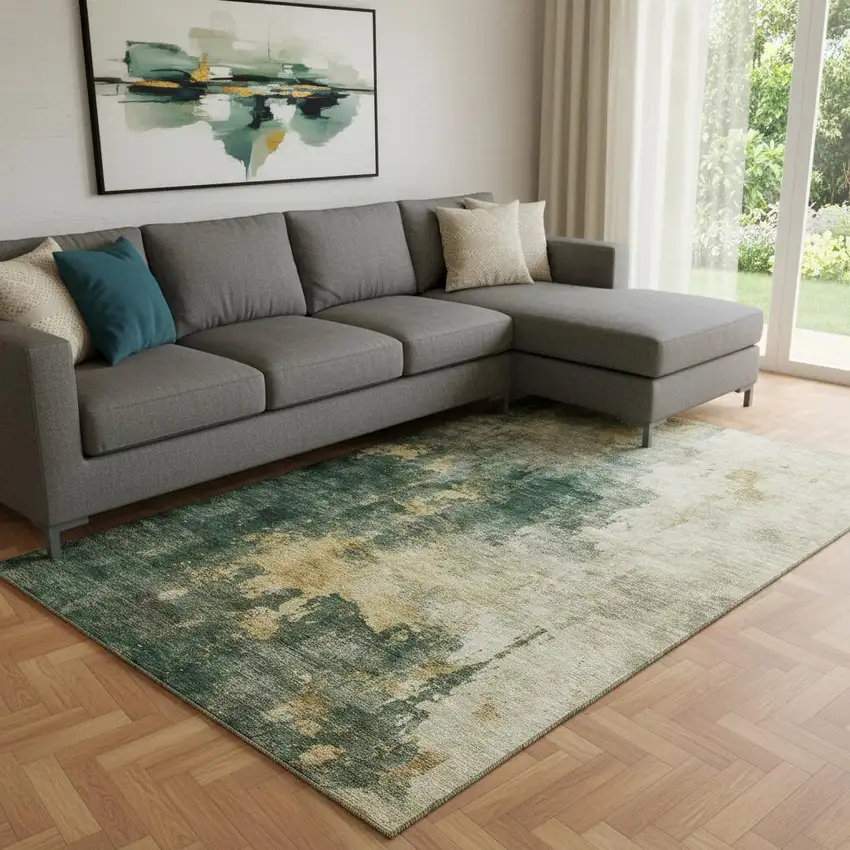 Fern Green Gold And Silver Abstract Washable Area Rug With UV Protection Photo 2