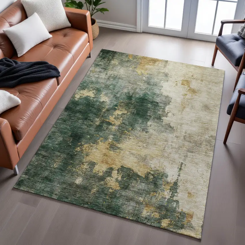 Fern Green Gold And Silver Abstract Washable Area Rug With UV Protection Photo 5