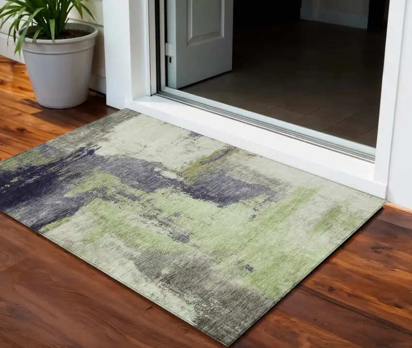 Fern Green Gray And Black Abstract Washable Indoor Outdoor Area Rug Photo 1