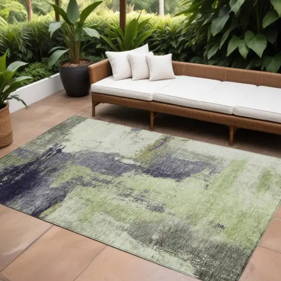 Fern Green Gray And Black Abstract Washable Indoor Outdoor Area Rug Photo 1