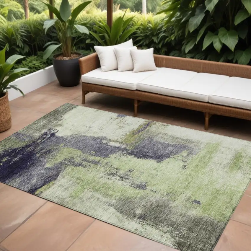 Fern Green Gray And Black Abstract Washable Indoor Outdoor Area Rug Photo 1