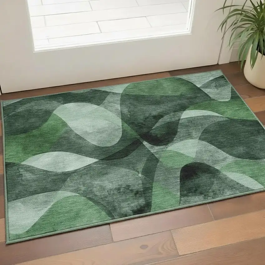 Fern Green Gray And Ivory Abstract Washable Area Rug With UV Protection Photo 2