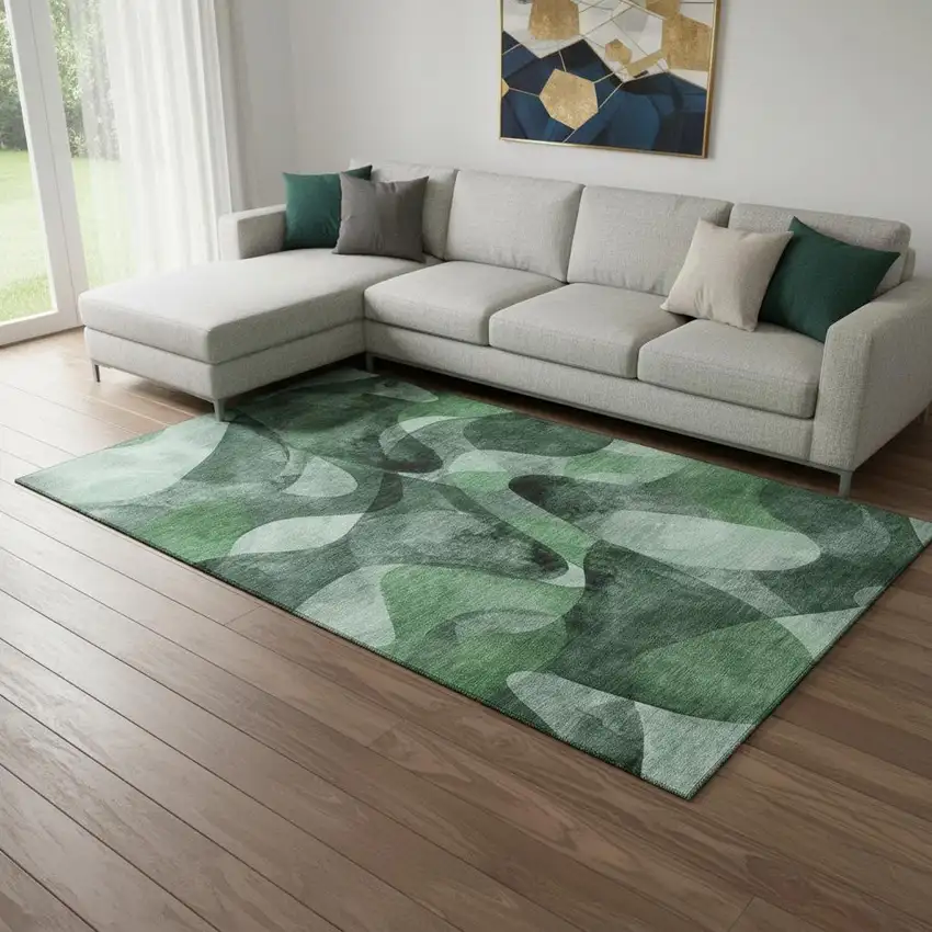 Fern Green Gray And Ivory Abstract Washable Area Rug With UV Protection Photo 1