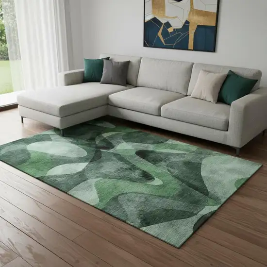 Fern Green Gray And Ivory Abstract Washable Area Rug With UV Protection Photo 1