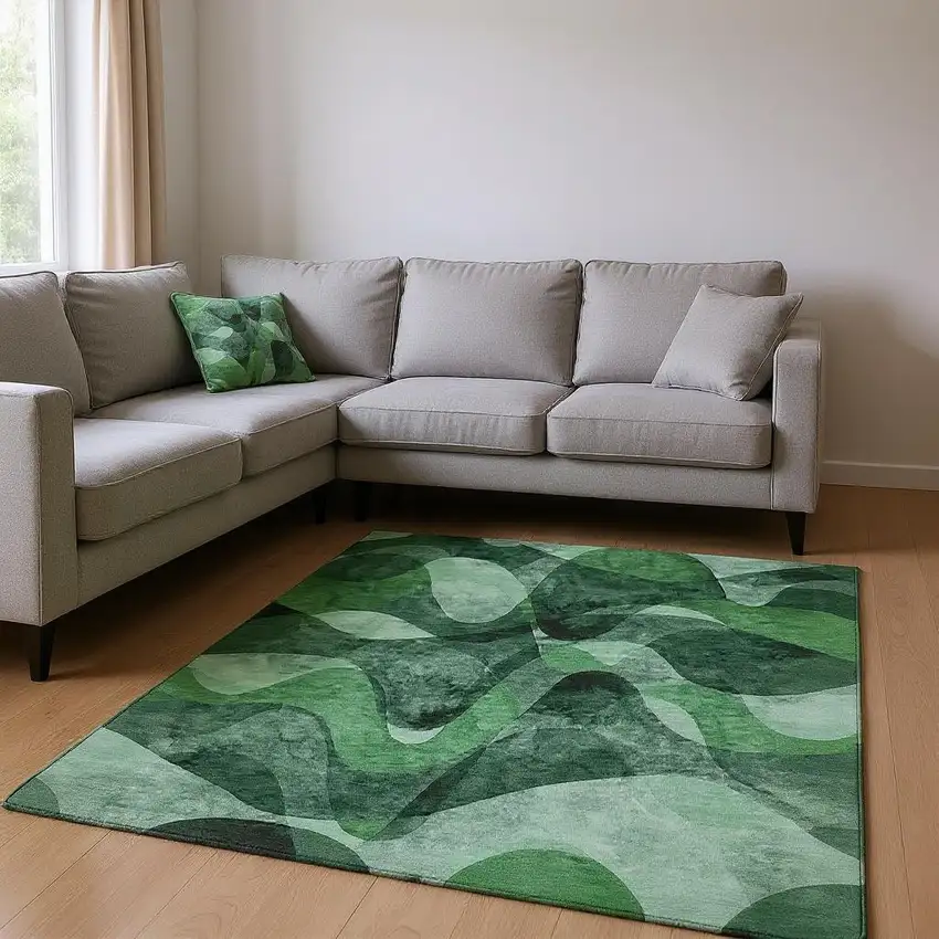 Fern Green Gray And Ivory Abstract Washable Area Rug With UV Protection Photo 2