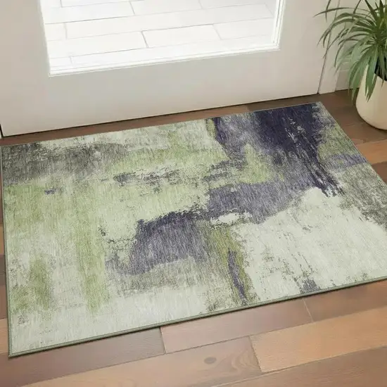Fern Green Gray And Ivory Abstract Washable Area Rug With UV Protection Photo 2