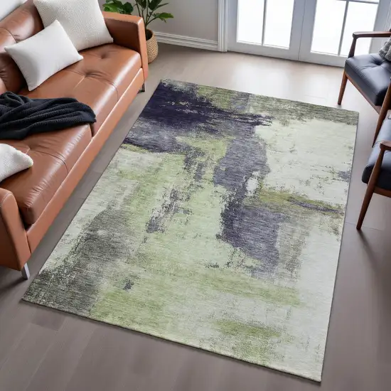 Fern Green Gray And Ivory Abstract Washable Area Rug With UV Protection Photo 4