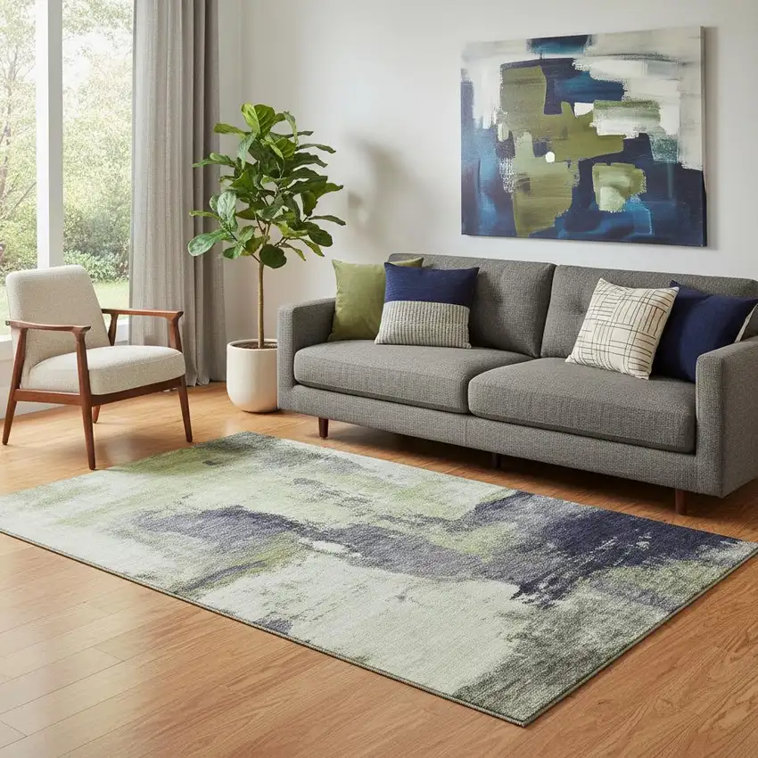 Fern Green Gray And Ivory Abstract Washable Area Rug With UV Protection Photo 2