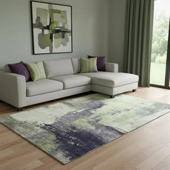 Fern Green Gray And Ivory Abstract Washable Area Rug With UV Protection Photo 2