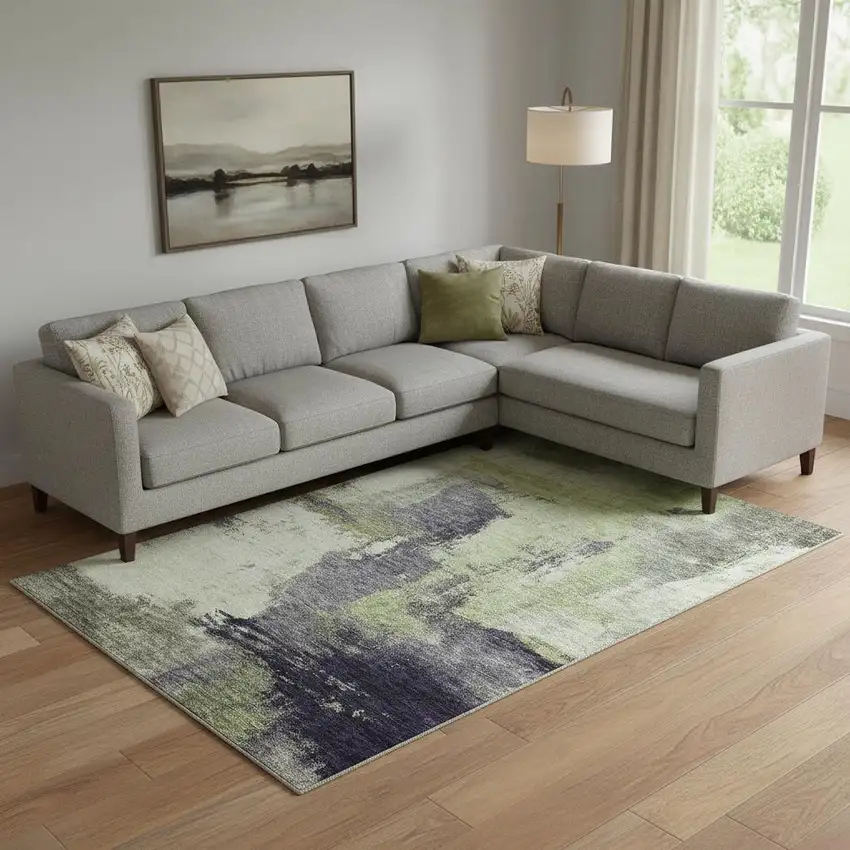 Fern Green Gray And Ivory Abstract Washable Area Rug With UV Protection Photo 2