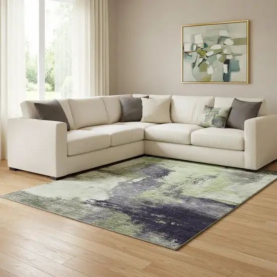 Fern Green Gray And Ivory Abstract Washable Area Rug With UV Protection Photo 2