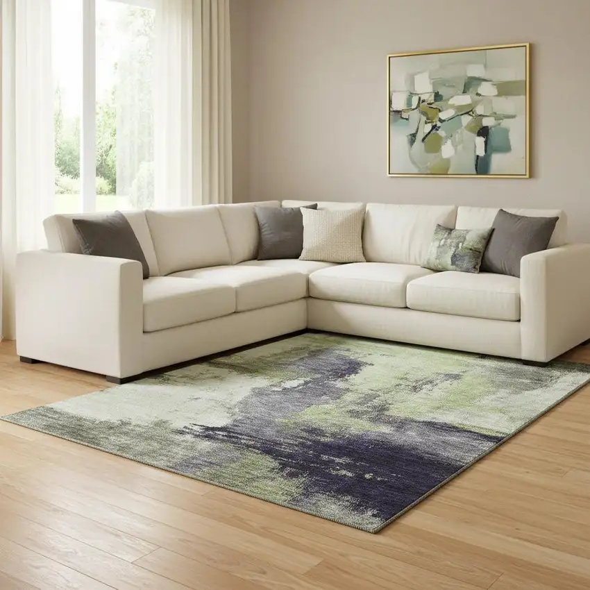 Fern Green Gray And Ivory Abstract Washable Area Rug With UV Protection Photo 2