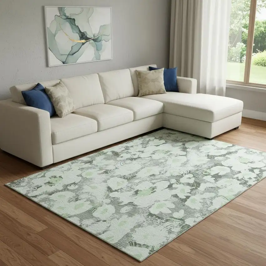 Fern Green Gray And Ivory Floral Washable Area Rug With UV Protection Photo 1