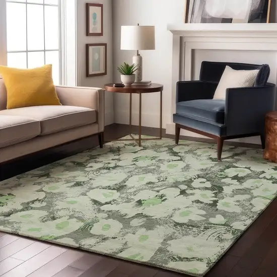 Fern Green Gray And Ivory Floral Washable Area Rug With UV Protection Photo 4