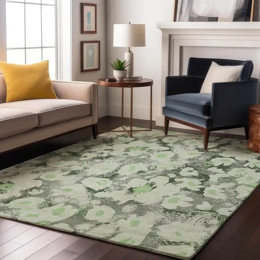 Fern Green Gray And Ivory Floral Washable Area Rug With UV Protection Photo 4