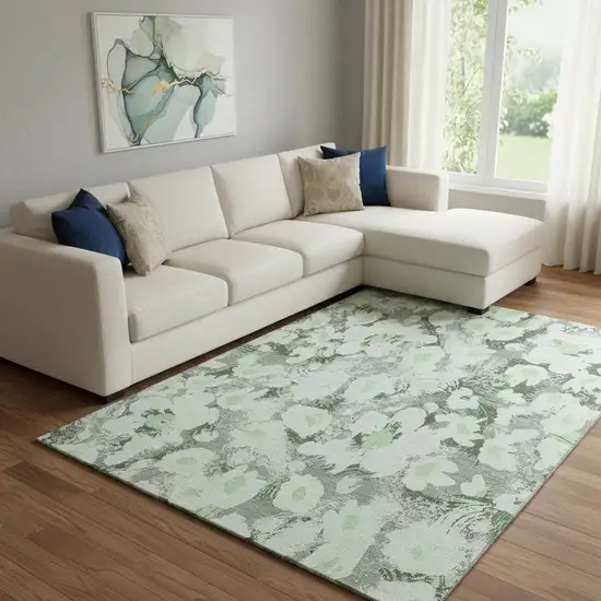 Fern Green Gray And Ivory Floral Washable Area Rug With UV Protection Photo 1