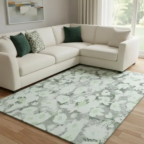 Fern Green Gray And Ivory Floral Washable Area Rug With UV Protection Photo 1