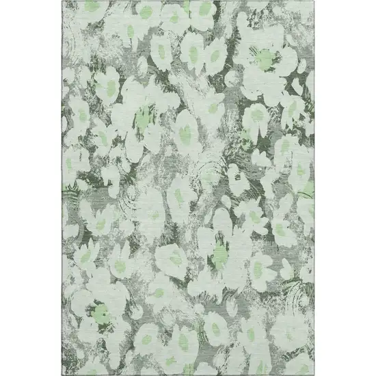 Fern Green Gray And Ivory Floral Washable Area Rug With UV Protection Photo 1