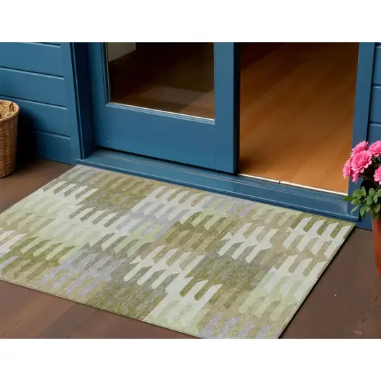 Fern Green Gray And Ivory Geometric Washable Indoor Outdoor Area Rug Photo 1