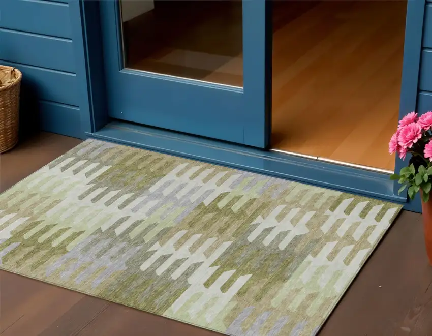 Fern Green Gray And Ivory Geometric Washable Indoor Outdoor Area Rug Photo 1