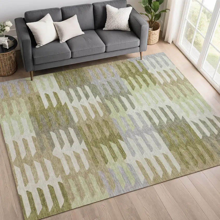 Fern Green Gray And Ivory Geometric Washable Indoor Outdoor Area Rug Photo 9