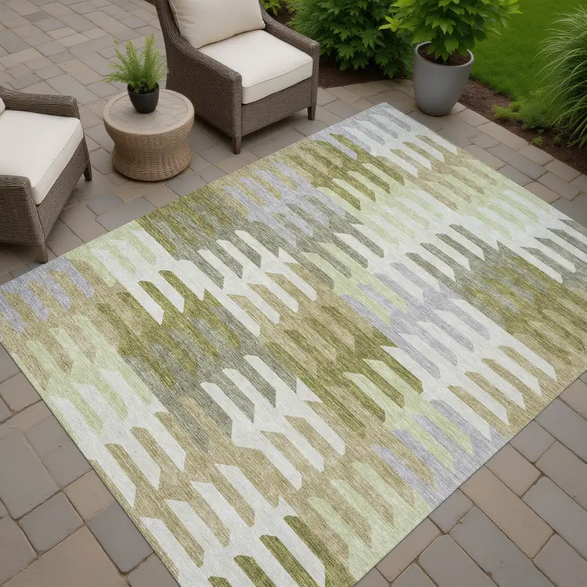 Fern Green Gray And Ivory Geometric Washable Indoor Outdoor Area Rug Photo 8