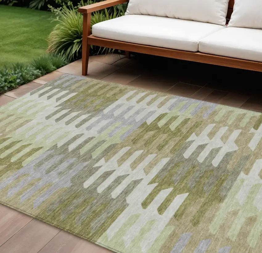 Fern Green Gray And Ivory Geometric Washable Indoor Outdoor Area Rug Photo 1
