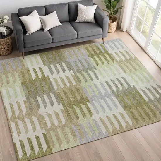 Fern Green Gray And Ivory Geometric Washable Indoor Outdoor Area Rug Photo 9