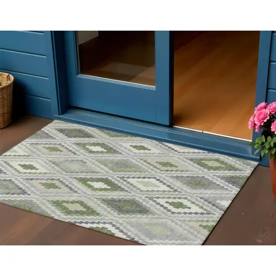 Fern Green Gray And Ivory Geometric Washable Indoor Outdoor Area Rug Photo 1