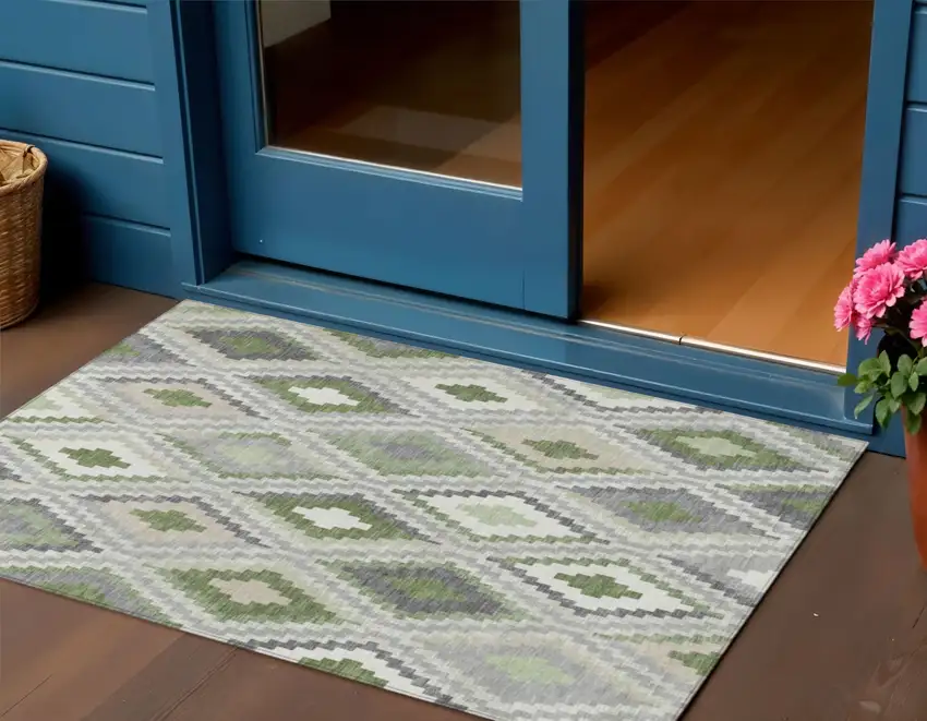 Fern Green Gray And Ivory Geometric Washable Indoor Outdoor Area Rug Photo 1