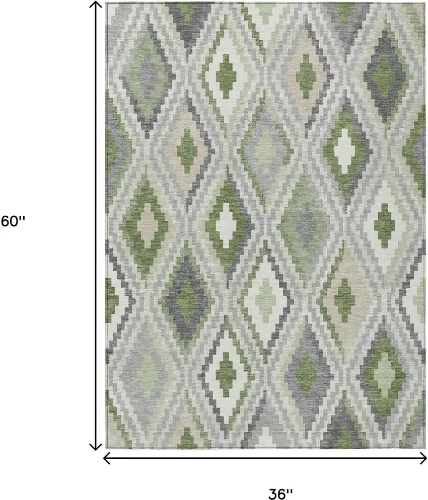 Fern Green Gray And Ivory Geometric Washable Indoor Outdoor Area Rug Photo 3