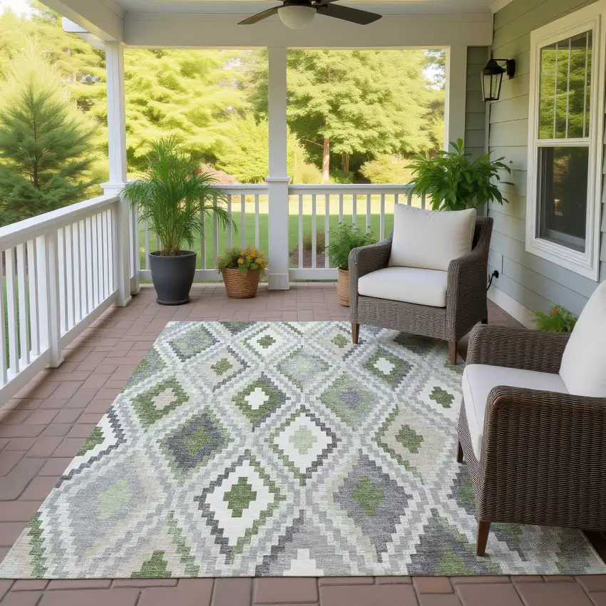 Fern Green Gray And Ivory Geometric Washable Indoor Outdoor Area Rug Photo 9