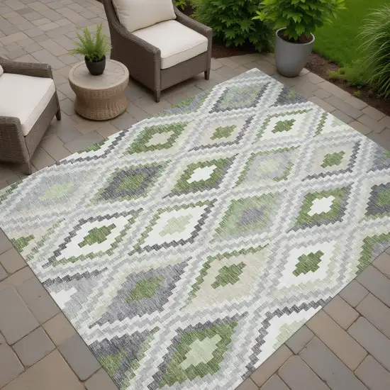 Fern Green Gray And Ivory Geometric Washable Indoor Outdoor Area Rug Photo 6