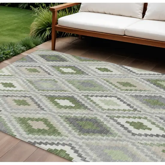 Fern Green Gray And Ivory Geometric Washable Indoor Outdoor Area Rug Photo 1