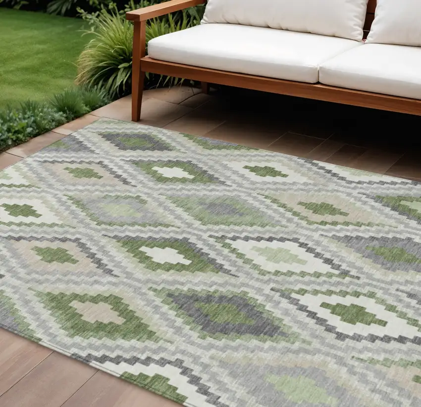 Fern Green Gray And Ivory Geometric Washable Indoor Outdoor Area Rug Photo 1