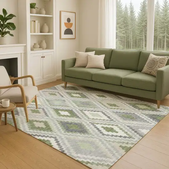 Fern Green Gray And Ivory Geometric Washable Indoor Outdoor Area Rug Photo 6