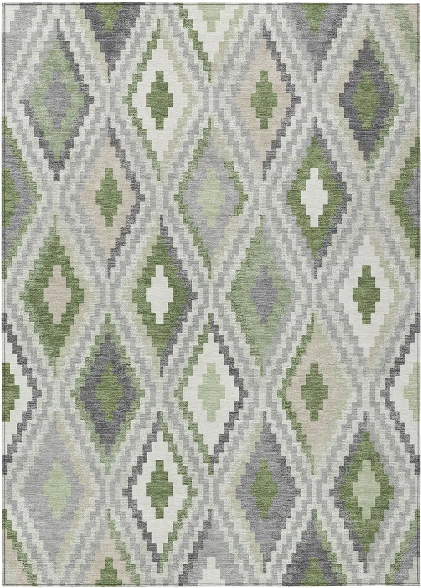 Fern Green Gray And Ivory Geometric Washable Indoor Outdoor Area Rug Photo 2