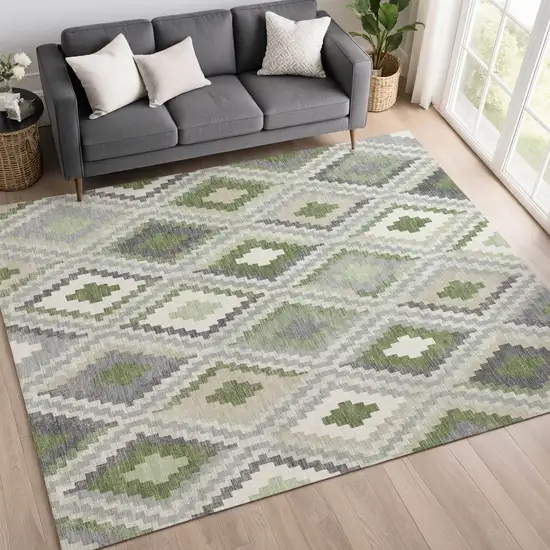 Fern Green Gray And Ivory Geometric Washable Indoor Outdoor Area Rug Photo 9