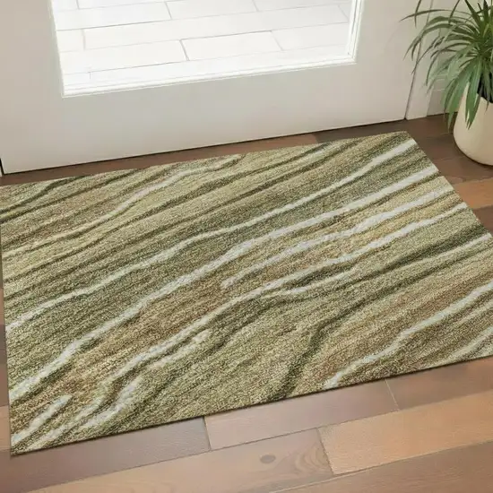 Fern Green Gray And Ivory Striped Washable Area Rug With UV Protection Photo 2