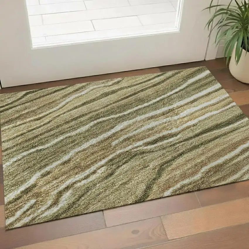 Fern Green Gray And Ivory Striped Washable Area Rug With UV Protection Photo 2