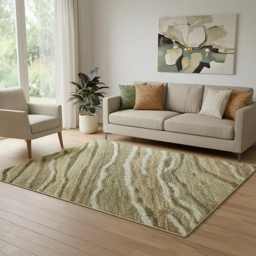 Fern Green Gray And Ivory Striped Washable Area Rug With UV Protection Photo 2