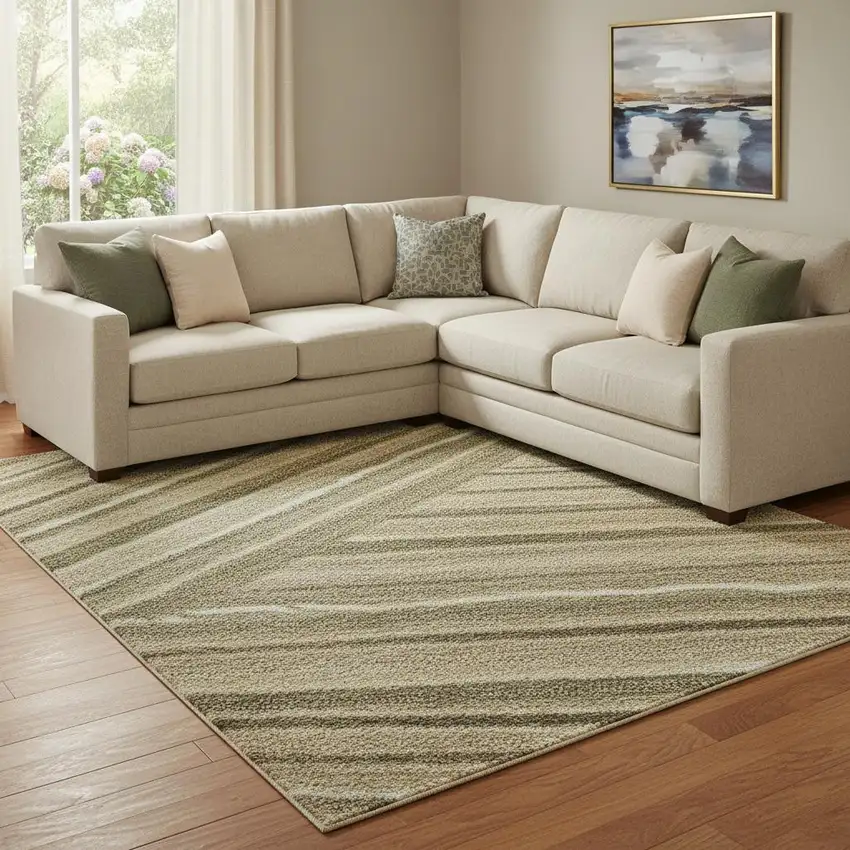 Fern Green Gray And Ivory Striped Washable Area Rug With UV Protection Photo 2