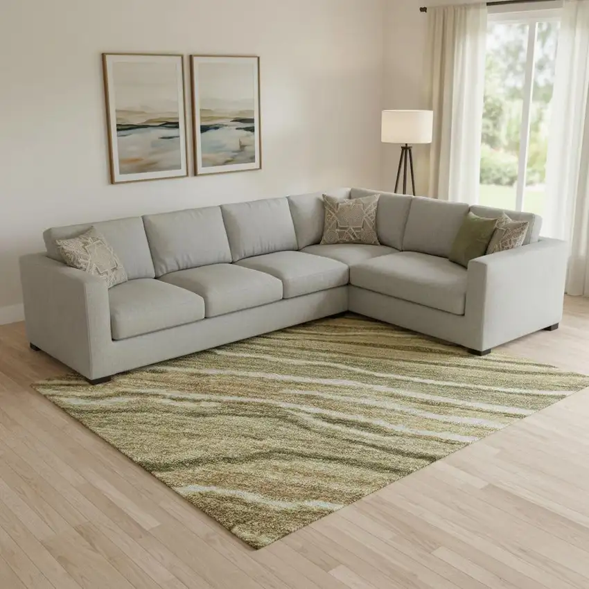 Fern Green Gray And Ivory Striped Washable Area Rug With UV Protection Photo 2