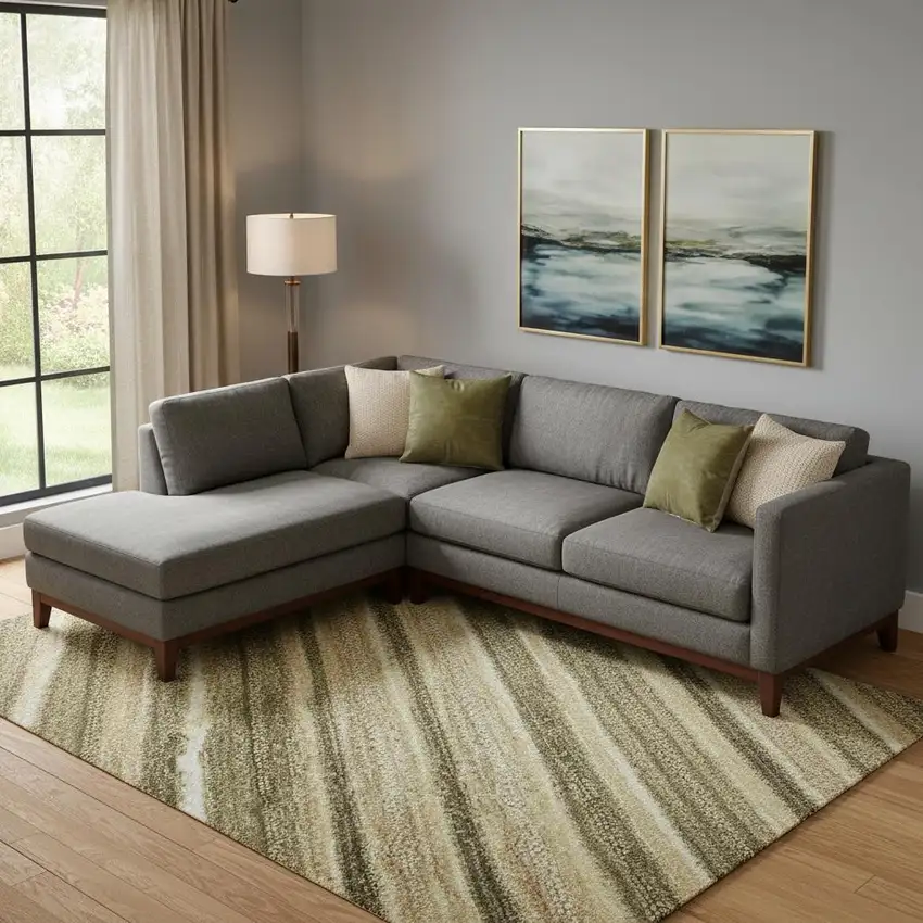 Fern Green Gray And Ivory Striped Washable Area Rug With UV Protection Photo 2