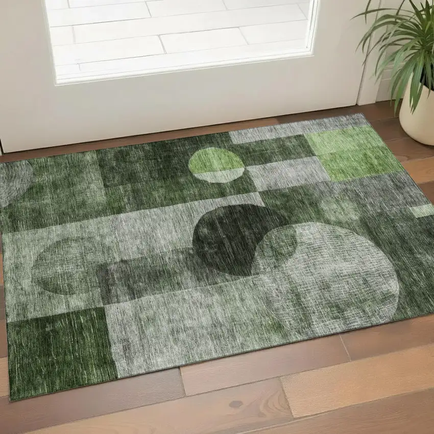 Fern Green Gray And Silver Geometric Washable Area Rug With UV Protection Photo 1