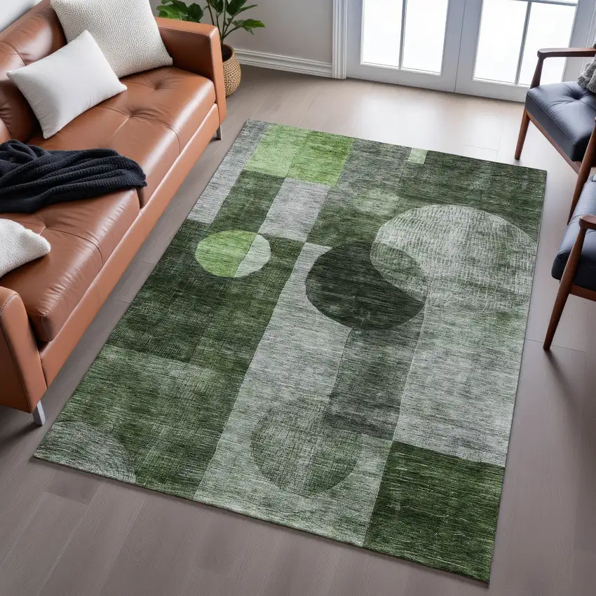 Fern Green Gray And Silver Geometric Washable Area Rug With UV Protection Photo 5