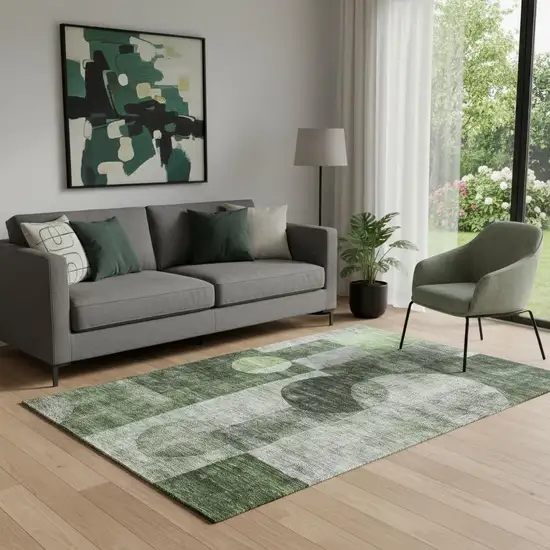 Fern Green Gray And Silver Geometric Washable Area Rug With UV Protection Photo 2